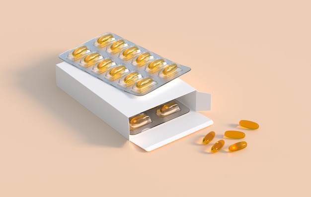 Editable mockup of fish oil omega 3 golden capsules in two blister pack 3d rendering