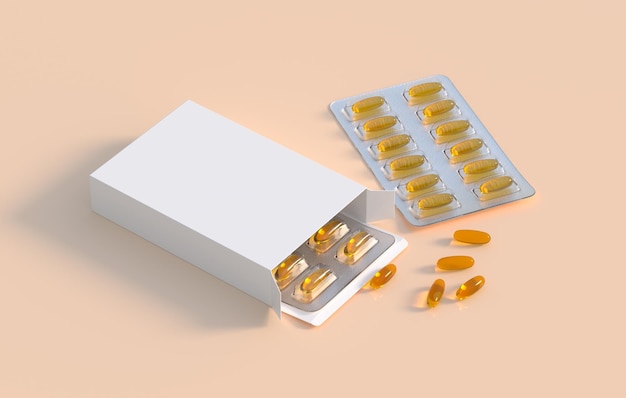 Editable mockup of fish oil omega 3 golden capsules in two blister pack 3d rendering