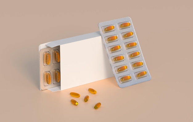 Editable mockup of fish oil omega 3 golden capsules in two blister pack 3d rendering