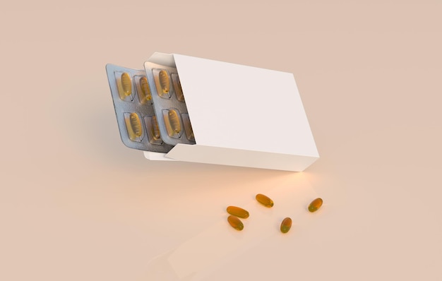 Editable mockup of fish oil omega 3 golden capsules in two blister pack 3d rendering