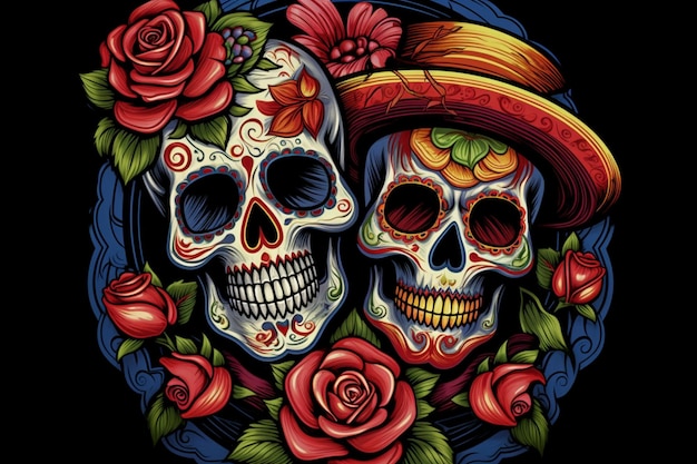 Editable sugar skull couple with sombrero hats dia de los muertos day of the dead