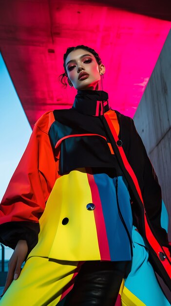 Editorial fashion shot of a model in bold vibrant colors with a futuristic background