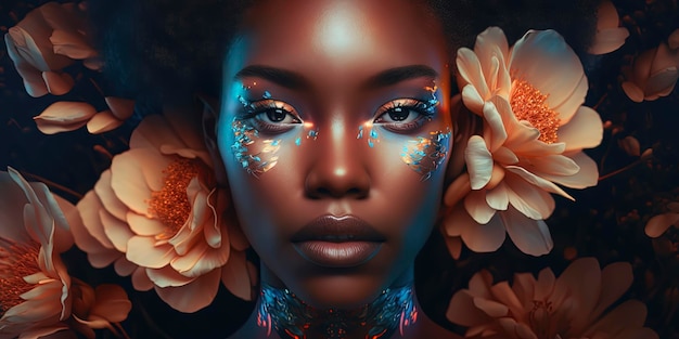 Editorial photography black woman inspired by celestial holographic iridescent peach blossoms AIGenerated