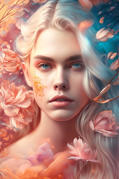 Editorial photography caucasian woman inspired by celestial holographic iridescent peach blossoms AIGenerated