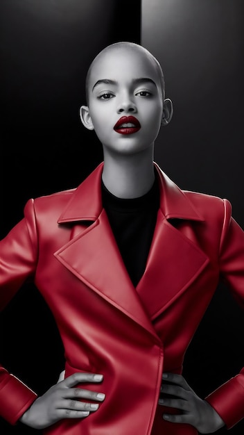 Photo editorial photography of a young bald woman with red lips wearing a red jacket