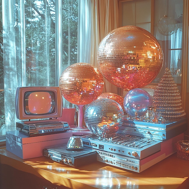 Photo an editorial still life of retro disco paraphernalia shot on kodak film