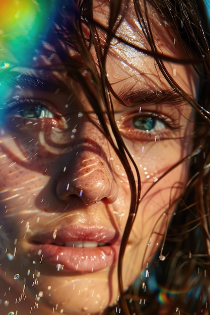 Editorial Woman Portrait of Female Model with Wet Hair and Rainbow in Sea