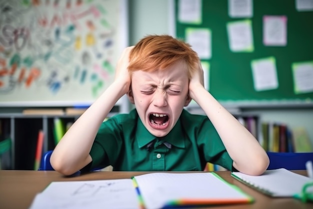 Education autism and portrait of a boy with an emotional disorder in the classroom being stressed