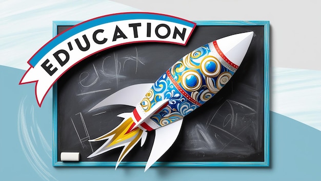 Photo education back to school concept rocket cut from paper and painted over blackboard background top view flat lay banner