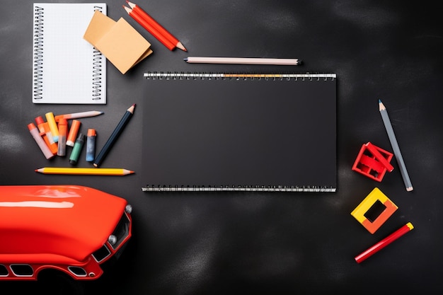 Education and back to school concept stationery and bus over classroom blackboard top view flat l