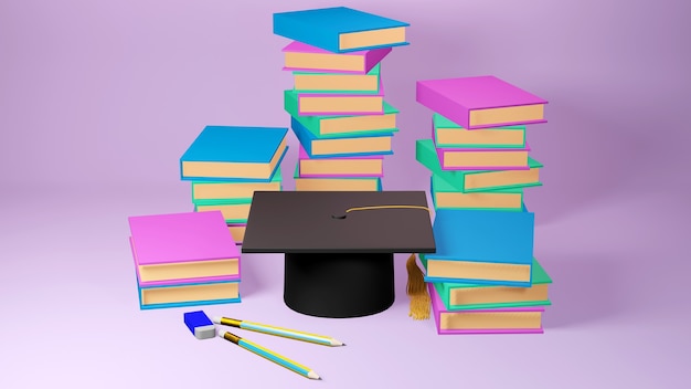 Education concept. 3d of hat, books on pink background. Modern flat design isometric concept of Education. Back to school.