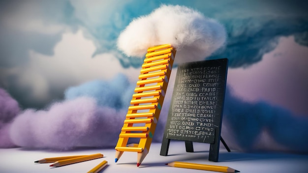 Photo education concept of ladder made from pencils next to clouds over blackboard 3d render illustration