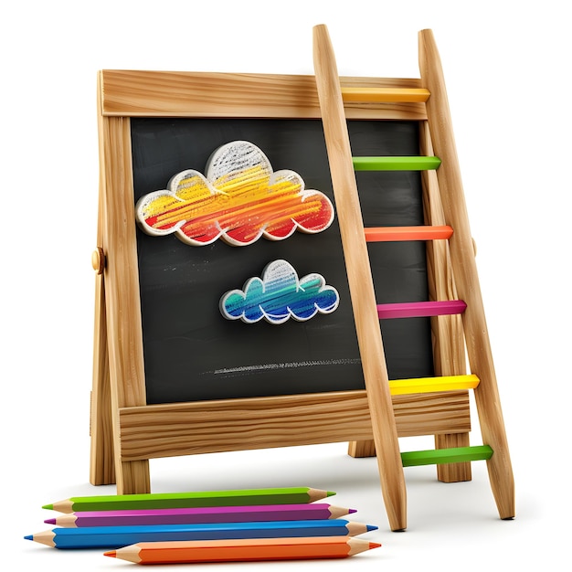 education concept of ladder made from pencils next to clouds over blackboard isolated on white