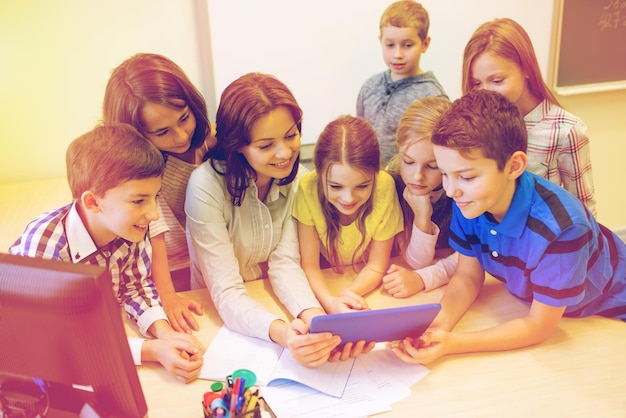 education, elementary school, learning, technology and people concept - group of school kids with teacher looking to tablet pc computer in classroom