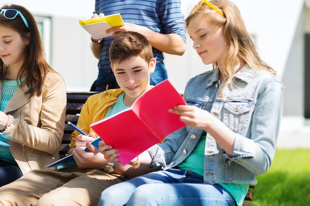 education, high school and people concept - group of happy teenage students with notebooks learning at campus yard