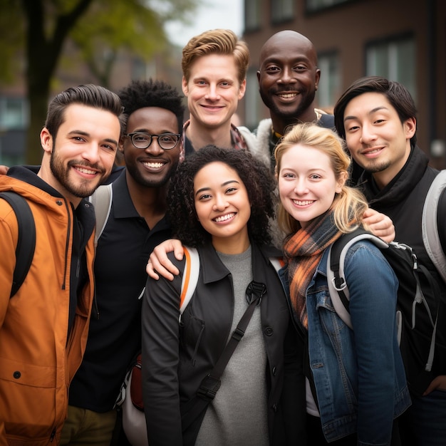 education high school and people concept group of smiling students with backpacks over campus bac