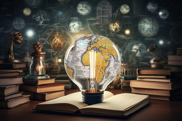 education and intelligence collage with global travel theme bulb light maps