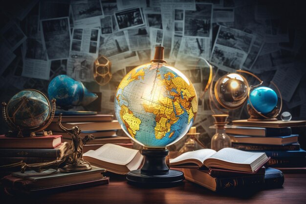 Photo education and intelligence collage with global travel theme bulb light maps