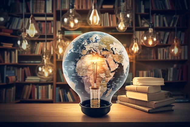 Photo education and intelligence collage with global travel theme bulb light maps