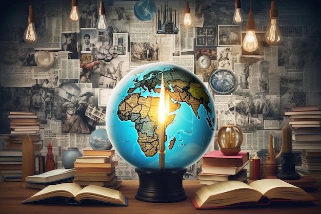 education and intelligence collage with global travel theme bulb light maps