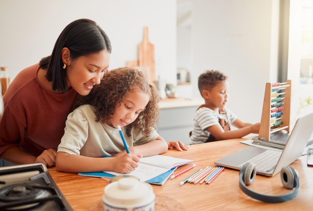 Education learning and homework with a mother teaching and helping her daughter with writing drawing and studying Single parent and child bonding together as a family over school work at home