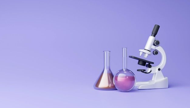 Education practical science laboratory with students electronic microscope test tubes and notebook 3D Rendering Illustration