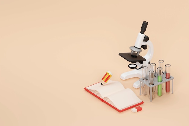 Education practical science laboratory with students microscope test tubes 3D Rendering Illustration