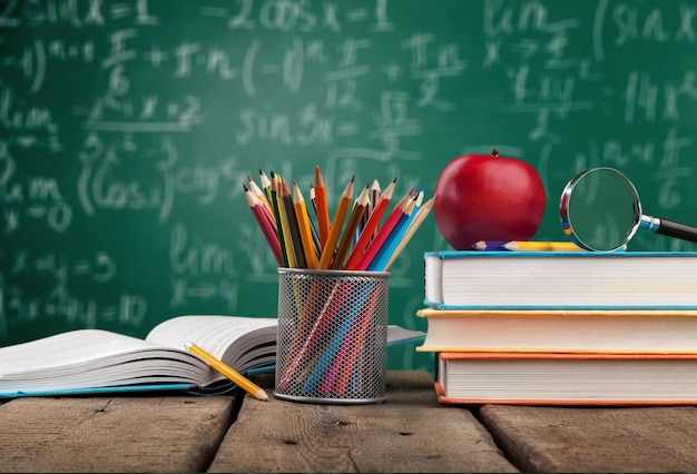 Education and reading concept - group of colorful books on the wooden table