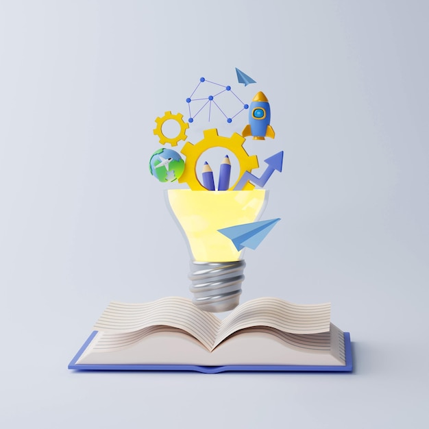 Education set for creative idea notebook and light blub sign concept for new research invention brain 3d render illustration