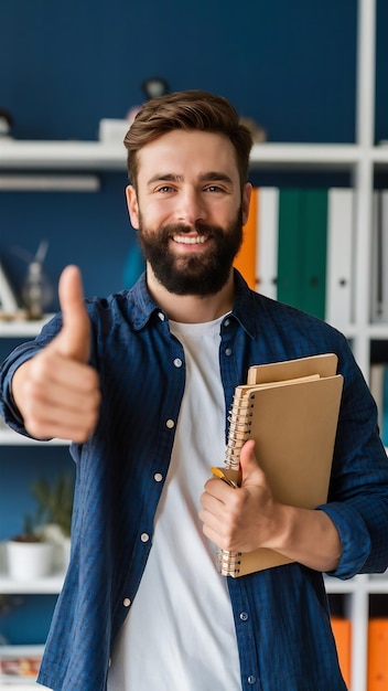 Photo education smiling bearded man holding notebooks and smiling going on courses showing thumbsup in ap