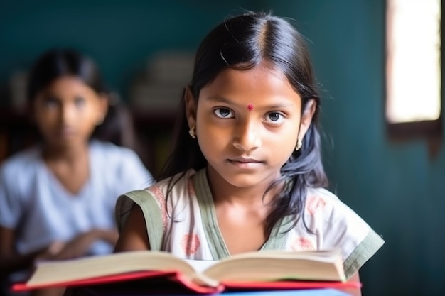 Education student and girl in classroom with book ready for learning created with generative ai