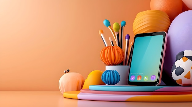 Photo educational apps displayed on tablet with soft peach background and abstract shapes