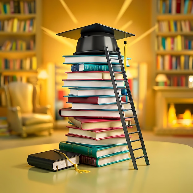 educational artwork tall stack of books graduation cap ladder to success scholarly success education