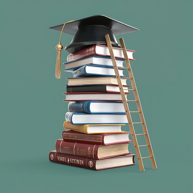 educational artwork tall stack of books graduation cap ladder to success scholarly success education