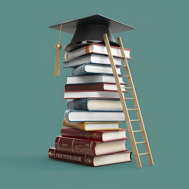 educational artwork tall stack of books graduation cap ladder to success scholarly success education