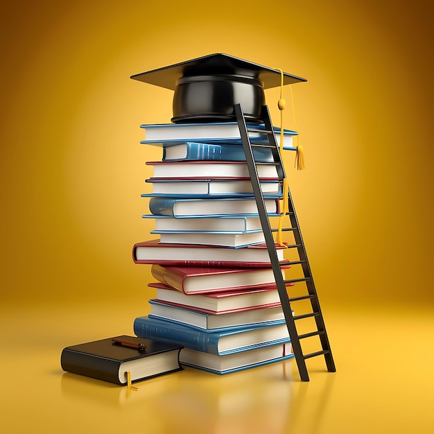 educational artwork tall stack of books graduation cap ladder to success scholarly success education