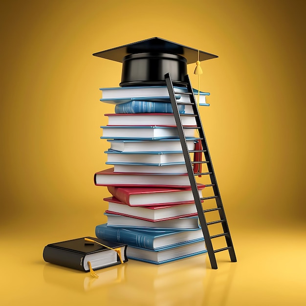 educational artwork tall stack of books graduation cap ladder to success scholarly success education