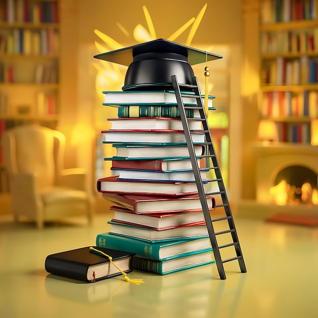 educational artwork tall stack of books graduation cap ladder to success scholarly success education