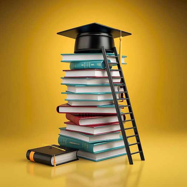 educational artwork tall stack of books graduation cap ladder to success scholarly success education