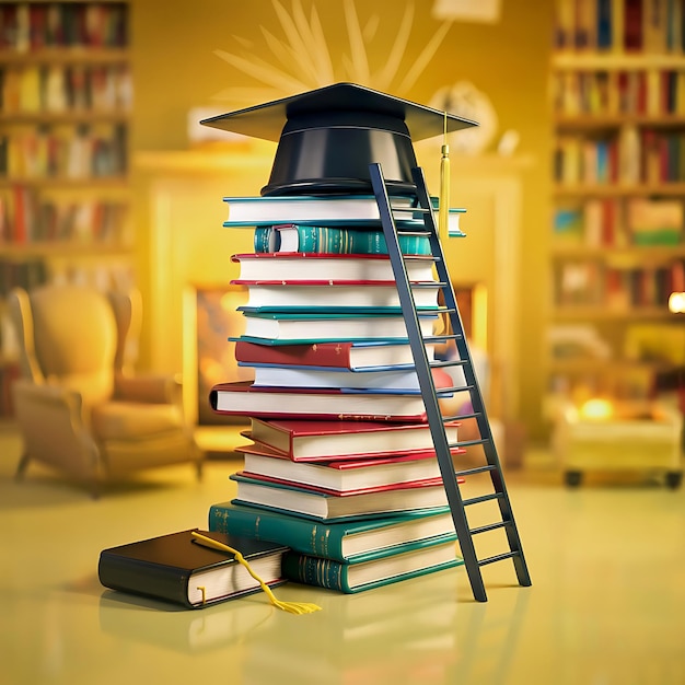 educational artwork tall stack of books graduation cap ladder to success scholarly success education