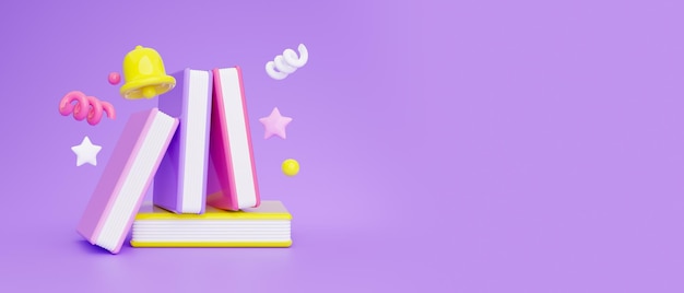 Educational banner with school books and icons over purple background