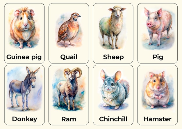 Educational cards for memory development for children names of domestic and farm animals