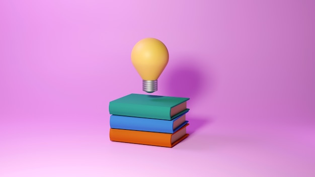 Educational concept, books and light bulb on pink