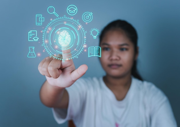 Educational concept picture A girl stands holding an education icon representing creativity.