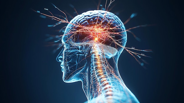 Educational diagram of the human nervous system with labeled nerves and spinal cord