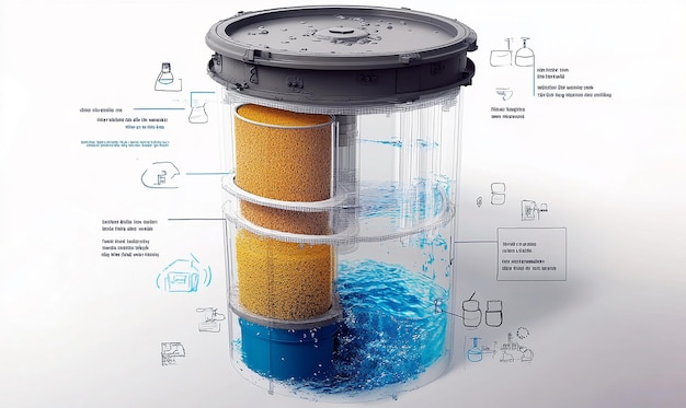 An educational diagram of a water filter with detailed view