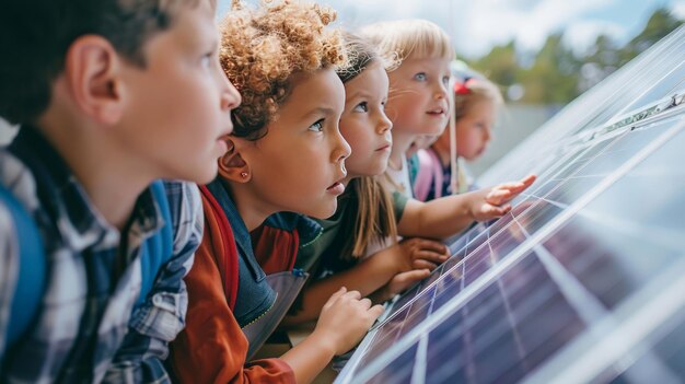 Photo an educational display showing children observing solar panels reflecting sunlight learning about renewable energy