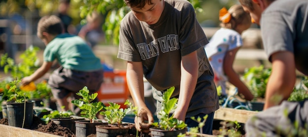 Educational Outdoor Horticulture Class with Students Gardening and Planting at School Garden