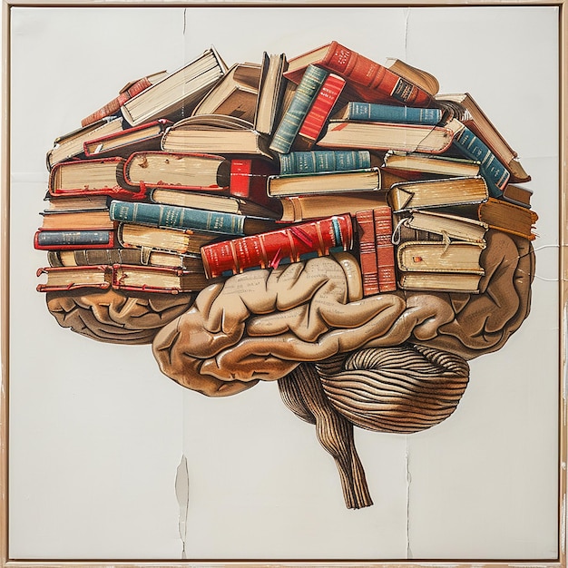 Photo educational poster brain shaped from books