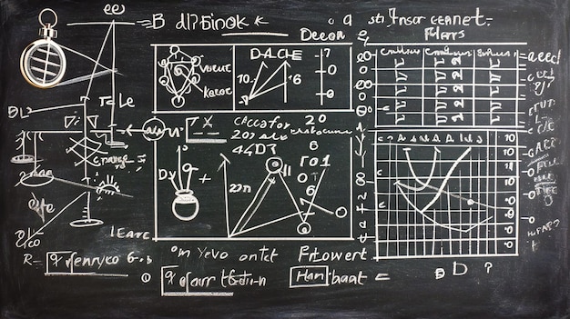 Photo educational science formulas on blackboard mathematics and physics concepts in classroom